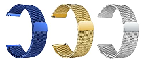Image of ACM Pack of 3 Watch Strap Magnetic Loop 20mm compatible with Compaq Q Watch Smartwatch Metal Chain Band (Blue /Champagne Gold /Silver)