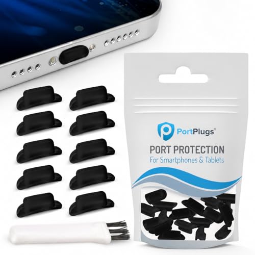 PortPlugs - Anti Dust Plugs - Compatible with iPhone 7, 8 Plus, X, XS, XR (10 Pack) - Port Cleaning Brush Included (Black)