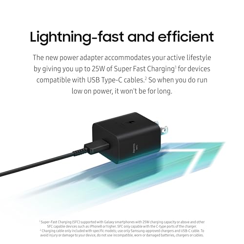 Image of Samsung 25 W Wall Charger Power Adapter, Wired, Super Fast Charging, Compact Design, Energy Efficient, Compatible with Galaxy and USB Type C Devices, White