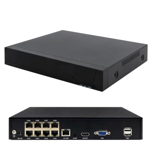 REVODATA 8CH Poe NVR Sieć Poe (HD 1080P/3MP/4MP/5MP) do monitoringu systemu bezpieczeństwa w domu, 8 kanałów Poe do kamery IP, nie zawiera dysku twardego (POE4008ES)