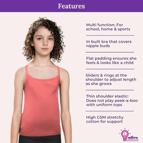 Image of Adira | Camisole for Girls 13-14 Years | Flat Padded Innerwear Vest | Cami for Puberty | Overs Nipples & Gives Confidence at School | Soft, Stretchy Cotton | Pack of 2