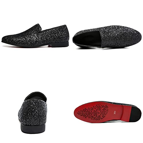 Men Smoking Sequins Slip-On Oxfords Loafers,Fashion Pointed Casual Glitter Tuxedo Suit Dress Prom Shoes3