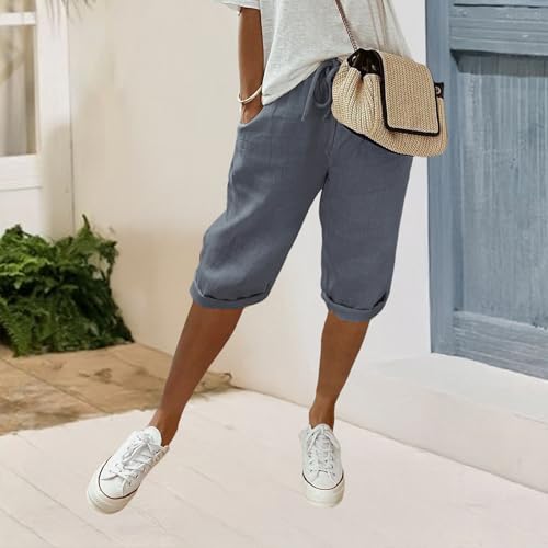 Womens Cotton Linen Knee Length Bermuda Shorts Drawstring Elastic Waist Summer Casual Gym Going Out Shorts with Pockets2