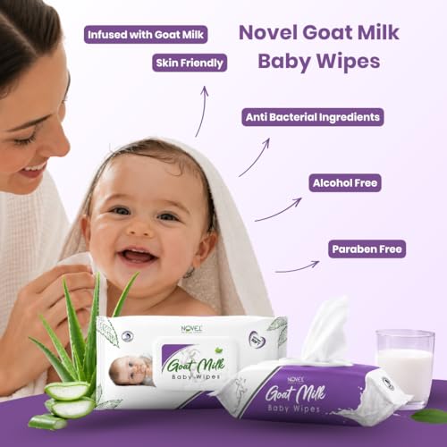 Image of Novel Goat Milk Baby Wipes 72 Wipes x Pack of 6 (432 Wipes) | Caprae Lac, Aloe Vera, Vitamin E Enriched | pH Balanced, Alcohol, Hypoallergenic & Paraben-Free | Extra Thick & Moist wet | Anti Rash Soft Gentle Baby Wipes with Lid