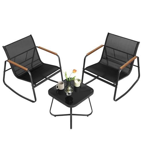 SONGMICS 3-Piece Patio Furniture Set, Garden Coversation Set, 2 Rocking Chairs, Table, Outdoor Lawn Backyard, Steel, with Armrests, Breathable Synthetic Fabric, Ink Black UGGF0027B01