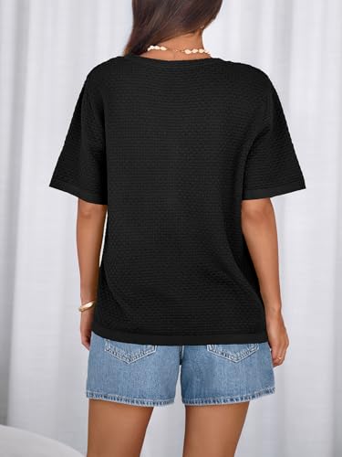 Image of NALANISA Women's Short Sleeve Sweater Spring Summer Crochet Knit Tops 2026 V Neck Striped Button Down Dressy Casual Blouses
