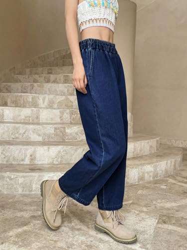 Image of Shasmi Girl's & Women's Denim Cotton Elastic Waist Cropped Straight Ankle Length Wide Leg Casual Baggy Jeans for Women, Trousers Pant for Women (Jeans 239)