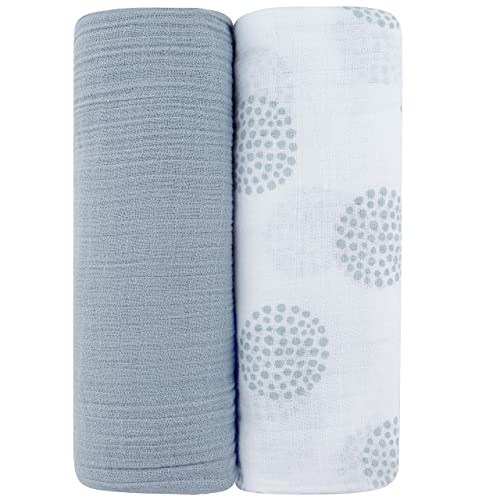 Image of Ely's & Co. Cotton Muslin Swaddle Blanket 2-Pack for Baby Boy - 100% Cotton Muslin Extra-Large Swaddle Blankets (47 inch x 47 inch) Misty Blue, Solid & Dottie Design
