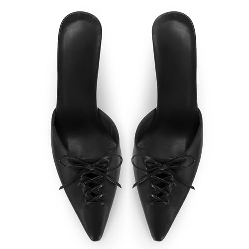 Image of Dsevht Black Kitten Heels for Women Pointed Closed Toe Dressy Bow Heel Vintage Heeled Mules Sexy Pointy Studded Slip on Stiletto Pump Shoes