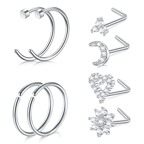 Mayhoop 20G Piercing Nez Piercing pour le Nez en Acier Chirurgical avec Diamant Brillant en Forme de Coeur en L Stud de Nez pour Femmes Hommes 8pcs