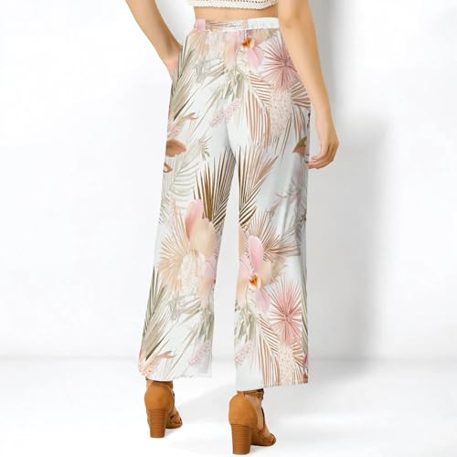 Womens Floral Print Casual Wide Leg Pants High Waisted Drawstring Beach Trousers with Pocket4