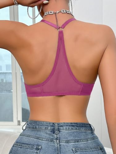 Image of SOLY HUX Women's Sheer Mesh Through Bra Sheer Bralette Front Closure Deep V Neck Wireless Lingerie Sexy Lingerie Bra