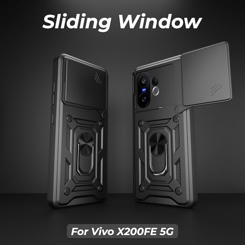 Image of A rtistque Armor Bumper Back Case Cover for Vivo X200 Fe 5G | Stylish Ring Holder & Inbuilt Stand | Sliding Camera Cover | Shockproof TPU Protective Design | Vivo X200 Fe Back Cover - Black