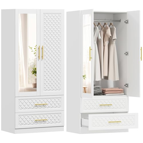 HOMCOM Armario Dormitorio 2 Puertas y 2 Cajones, Armario Ropero con Espejo, Relieve de Diamante, Barra para Colgar, Estilo Moderno, 80x50x180 cm, Blanco