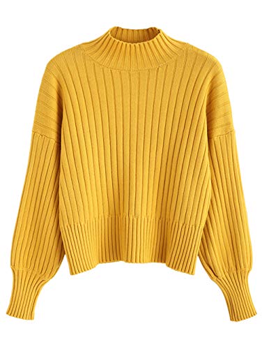 ZAFUL Women Drop Shoulder Mock Neck Pullover Sweater Long Sleeve Basic Crop Sweater Jumper Yellow