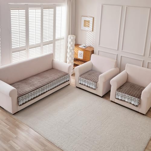 Image of HOKIPO 'BelleLace Series' Imperial Milk Velvet 5 Seater Set (3+1+1) Sofa Cover Mat for 311 Seater Sofa, Lace Design, Mocha Brown (AR-5966+5962 * 2-BRN)