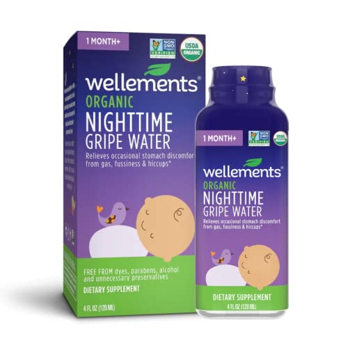 Image of Wellements Organic Nighttime Gripe Water | Bedtime Relief for Baby Gas, Colic & Fussiness | Sleepy Time Herbs Promote a Peaceful Night’s Sleep | USDA Certified Organic & Non GMO | 1 Month +, 4 Fl Oz.