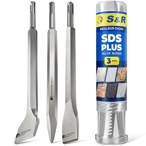 S&R Set Burins SDS Plus Coffret 3 pièces : Burin Large, Burin Plat, Burin Pointu. Pour enlevement de béton et carrelage de sol et mur. (Burin Large Courbe)