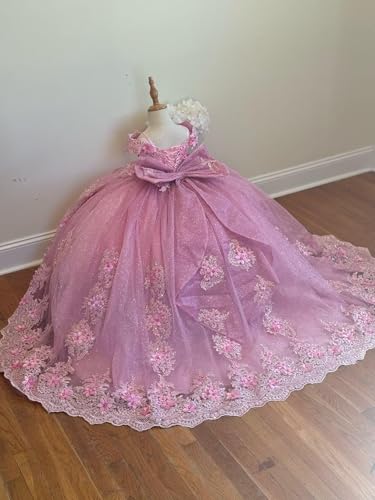 Off Shoulder 3D Flower Girl Dresses with Bow for Wedding Lace Kids First Communion Dress Puffy Tulle Girls Ball Gown2