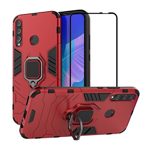 EasyLifeGo for Huawei Y7P 2020 / Huawei P40 lite E Kickstand Case with Tempered Glass Screen Protector [2 Pieces], Hybrid Heavy Duty Armor Dual Layer Anti-Scratch Case Cover, Red