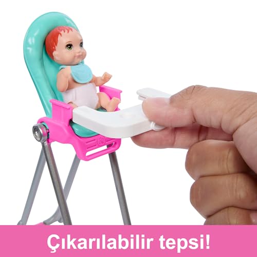 Barbie Aksesuarlarla birlikte gelen Barbie Skipper Bebek ve Oyun Seti, yemek zamanı temalı bebek bakıcılığı seti, renk değiştiren oyuncak, HTK35