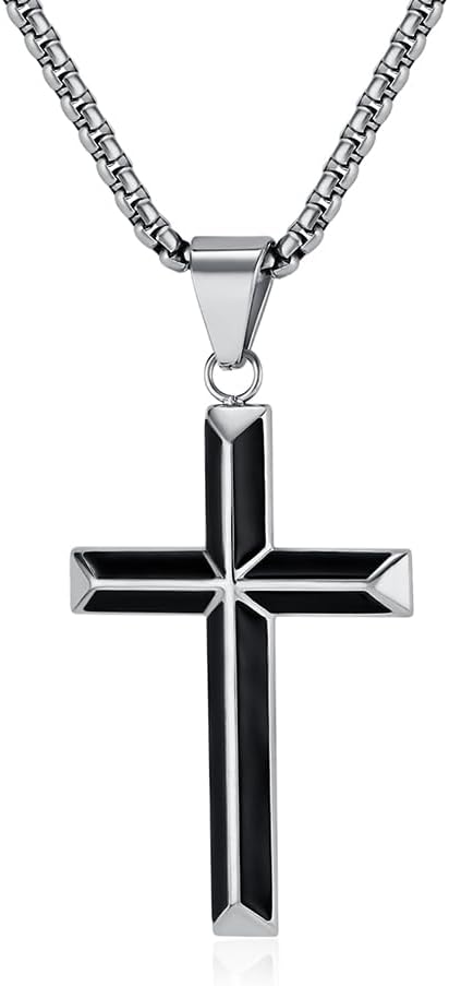 Cross Necklace for Men, Silver Gold Black Stainless Steel Cross Enamel Craft Minimalist Faith Cross Jewelry Mens Cross Pendant 24 Inch Adjustable Box Chain Unisex Cross Jewelry