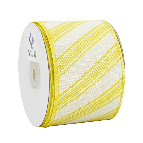 Meedee Yellow And White Stripe Ribbon Christmas Wired Ribbon Yellow Diagonal Stripe Burlap Ribbon 2.5 Inch X 10 Yards For Crafts Christmas Tree Decoration Bows Making Gift Wrapping Home Decor #TOP6