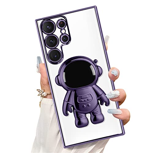 Kanghar For Samsung Galaxy S23 Ultra Clear Case With Astronaut Hidden Stand For Women Men Luxury Plating Bumper Soft Tpu Shockproof Protective Phone Cover For Samsung Galaxy S23 Ultra 6.8 Inch Purple #TOP13