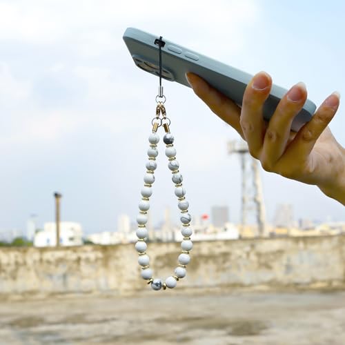Image of TENOC Marble Beaded Phone Wrist Strap, Marble White | Cellphone Lanyard Chain, Sparkling Wristlet Bracelet, For Women