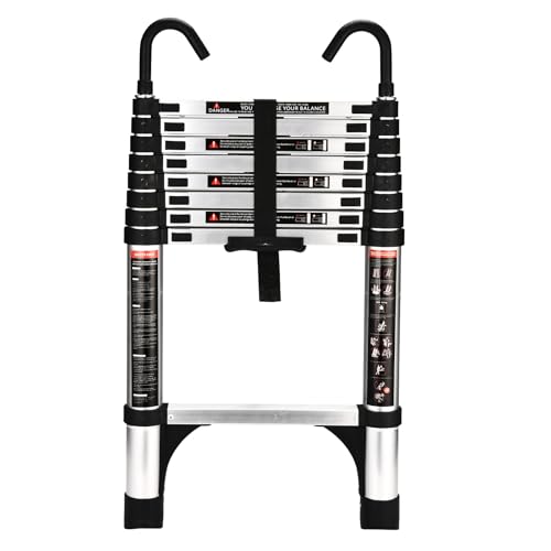 Escalera telescópica de 2.6 m con Ganchos y pies Antideslizantes, Escalera Plegable de Aluminio Ligero para altillos, Casas rodantes, Exteriores e Interiores, Capacidad de Carga de 150kg.Argentato