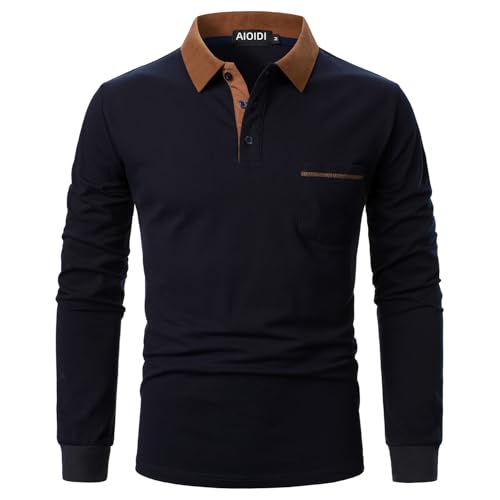AIOIDI Polos Hommes Adultes Manches Longues Hauts en Coton T-Shirts de Golf avec Poche Réelle Bleu XXL