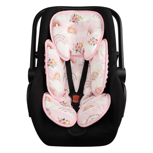 Pea Pod Infant Car Seat Insert 2-in-1 Baby Car Seat Head &amp; Body Support for Newborn Preemie Carseat Stroller Cushion Pad Headrest with Soft Minky Dot Fabric Backing, Rainbow &amp; Floral