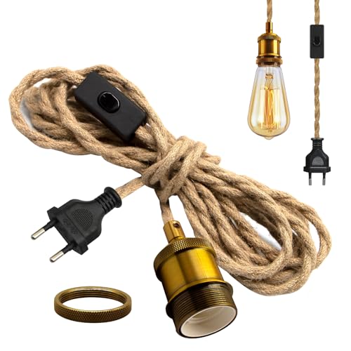 Vintage Hängelampe mit Stecker, Industrielle Hanfseil Pendelleuchte Kit,Retro E27 Lampefassung mit 510cm Kabel und Schalter,Messing Hängeleuchte für Schlafzimmer Wohnzimmer Küche, Ohne Glühbirne