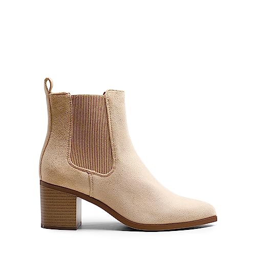 DREAM PAIRS Women's Retro Elastic Chelsea Ankle Boots Fashion Low Chunky Block Heel Pointed Toe Fall Heeled Booties Shoes,Size 5,Nude-Suede,SDAB2314W