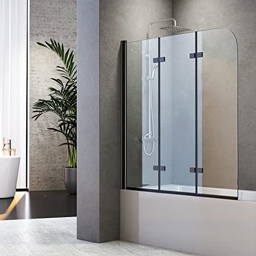 Duschwand für Badewanne Faltbar 130 x 140 cm Badewannenfaltwand 3 teilig Schwarz Duschfaltwand für Badewanne aus gehärtetem Sicherheitsglas mit NANO Beschichtung