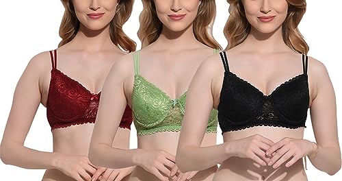 Image of FIMS - Fashion is my style Women Cotton Lycra Floral Lace Lightly Padded Bra Wired Seamless Fullcoverage Multicolor Cup- B