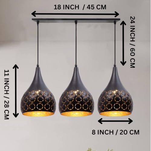 Image of GreyWings Black Aluminium Hanging Light, 3 Pendant Ceiling Lamp for Dining Room, Make in India, E27 Holder, 220V, Bulb Not Included, Linear Set