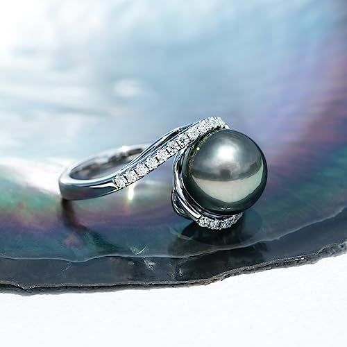 Genuine 10-11MM Tahitian Black Pearl Ring, AAA Quality Handpicked Nature Pearls with 0.36 cttw Moissanite,18 White Gold Plated Sterling Silver Ring4