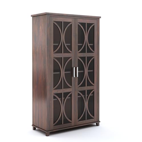 Image of SONA ART & CRAFTS Solid Sheesham Wood Crockery Cabinets with Glass Door | Wooden Showcase Almirah | Solid Wood Book Shelf for Home Crockery Unit for Kitchen Living Room (Walnut Finish)