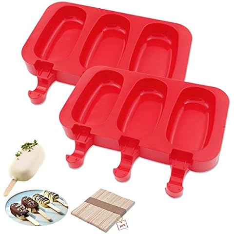 SAKOLLA Homemade Popsicle Silicone Mould with Lid, Ice Cream Bar Mould, 3 Cavities Silicone Ice Pop Mould with 40 Wooden Sticks, Set of 2 (Oval) Cover