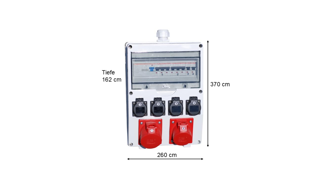 EHMANN Distributeur mural professionnel, entrée M32 pour câble, avec FI et disjoncteurs, fabriqué en Allemagne, 6 sorties (1 x CEE 32 A / 1 x CEE 16 A / 4 x 230 V~), K2, BGI-GUV-I608