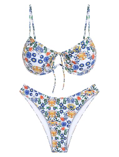 Image of ZAFUL Women High Cut Bikini Sets String Sexy Swimsuit Two Piece Underwire Bathing Suit Brazilian Cheeky Cut Out Cute Swimwear