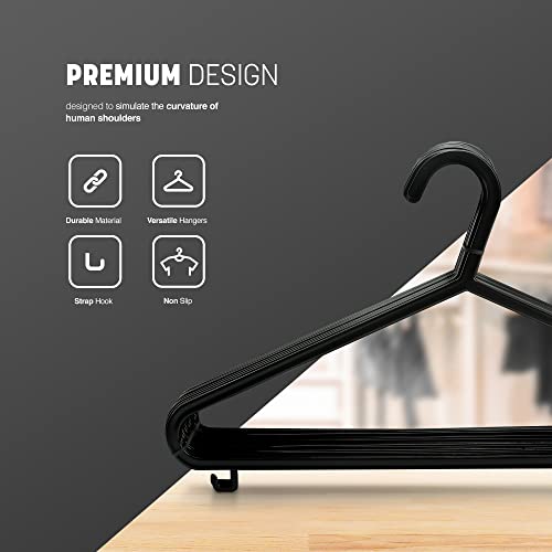 KEPLIN Adult Plastic Coat Hangers - 25pk, Black Colour, Strong Clothes Hangers for Clothes Rail & Closet, Clothing Hanger with Suit Pants Trouser Bar and Clips, Space Saving, 37.5 cm Wide - Image 4