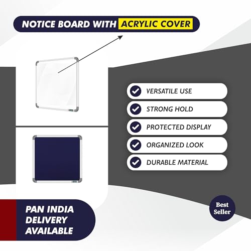 Image of YAJNAS 2x2 Feet Premium Material Blue Designed Notice Board with Acrylic Door /Soft Board /Bulletin Board /Pin-up Display Board for Study Room, Office, School & Home Use