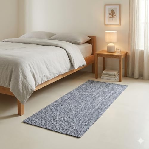 Image of Handmade Cotton Braided 2x6 feet Runner Rug - Washable, Low Pile Reversible Floor Mat for Bedroom, Kitchen, Entryway & Living Room - Eco-Friendly Woven Carpet - (Light Blue, Rect)
