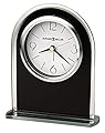 Howard Miller Ebony Luster Table Clock 645-702 – Modern Decor, Black Glass Arch, Silver Mirrored Edge & Base, Black Hour Markers, Quartz Alarm Movement