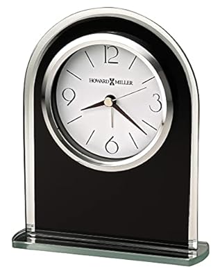 Howard Miller Ebony Luster Table Clock 645-702 – Modern Decor, Black Glass Arch, Silver Mirrored Edge & Base, Black Hour Markers, Quartz Alarm Movement