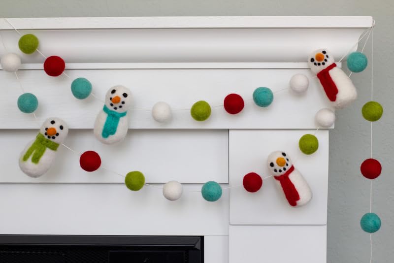 Miniatura 7 de Snowman Felt Garland- Red, Green, Turquoise- Snowmen & Felt Balls- Christmas Holiday Winter- 1" (2.5 cm) Wool Felt Balls