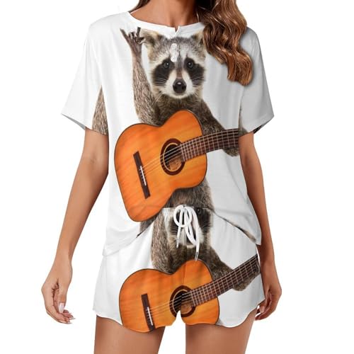 Pyjama femme avec raton laveur et guitare en coton léger pour l'été