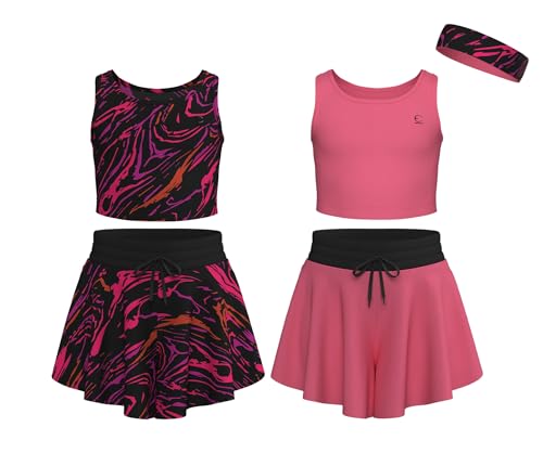 Image of Flowy Girls Butterfly Shorts Skirts w /Pockets & Athletic Sleeveless Tank Tops, Dance Tennis Cheer Running (5pc Set)